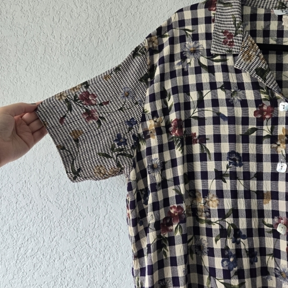 Teddi Vintage Mixed Print Gingham Floral Button Up Shirt Short Sleeve Purple L - Picture 4 of 6